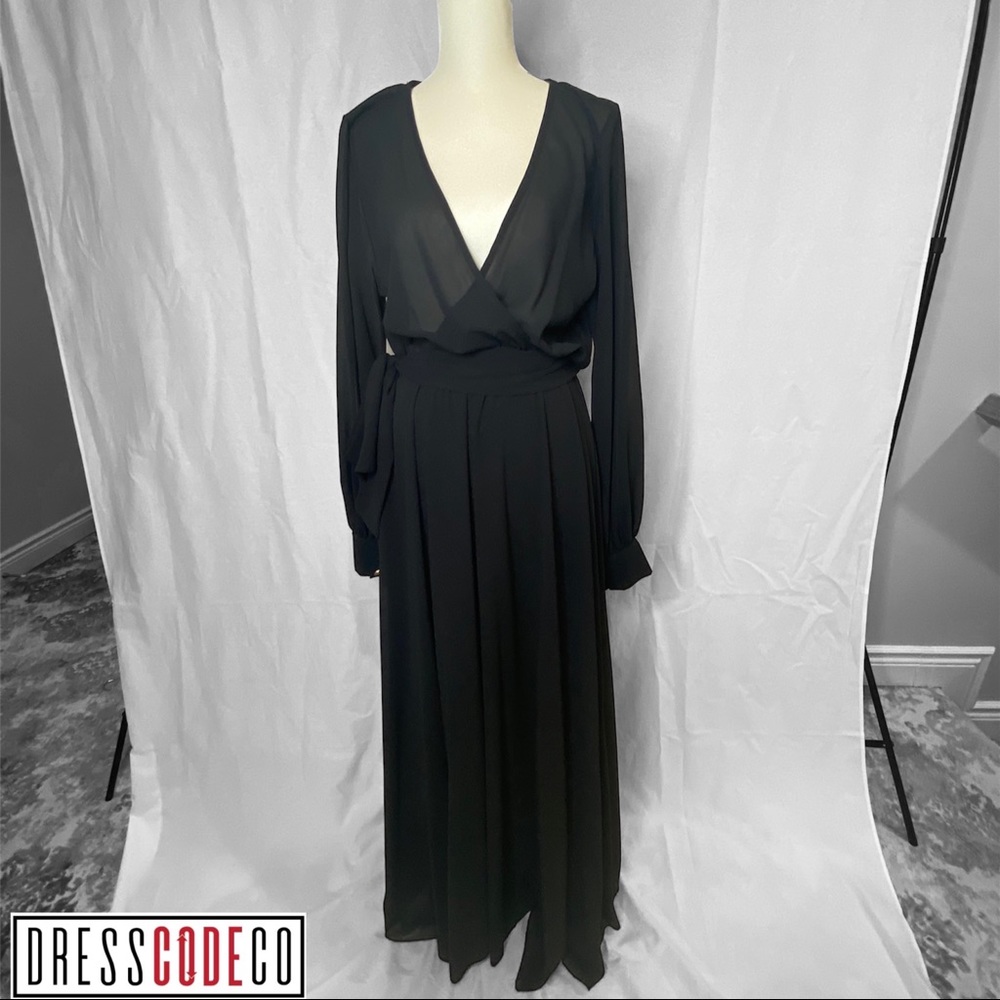 Black Chiffon maxi Dress V-neck with button sleeve